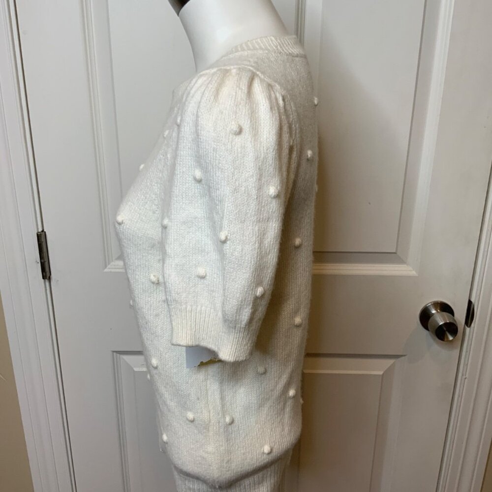 By Anthropologie White Wool Blend Short Sleeve Sweater W/ Pom Pom Nub, Size S - Picture 3 of 5